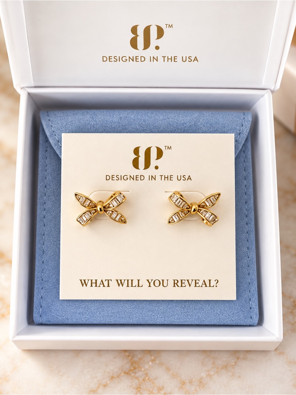 BP Vermeil Gold Bow Crystal Stud Earrings